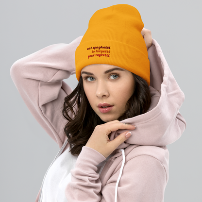 Statement-Beanie: eat spaghetti to forgetti your regretti